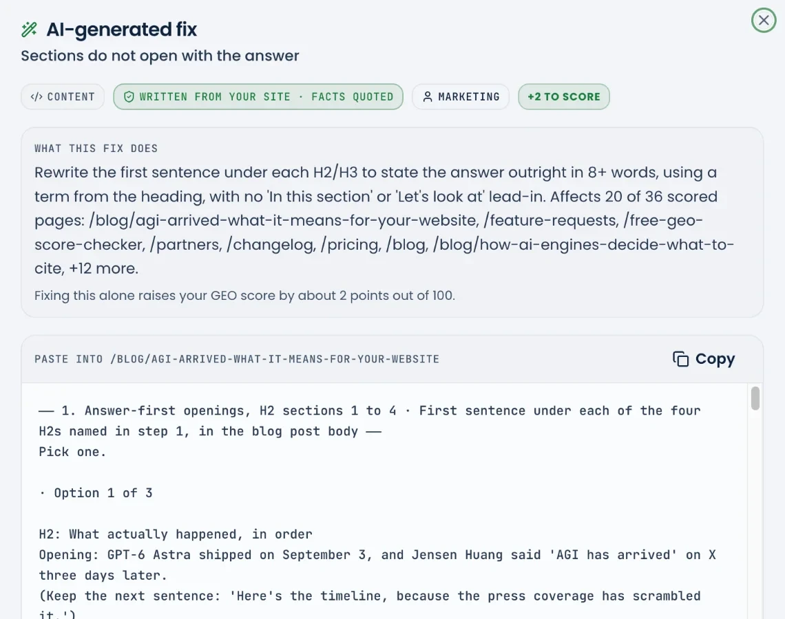 The fix GeoTest wrote for 'Sections do not open with the answer', worth +2 to the score: the new opening sentence for each section of a blog post, written from the page's own facts, with a Copy button